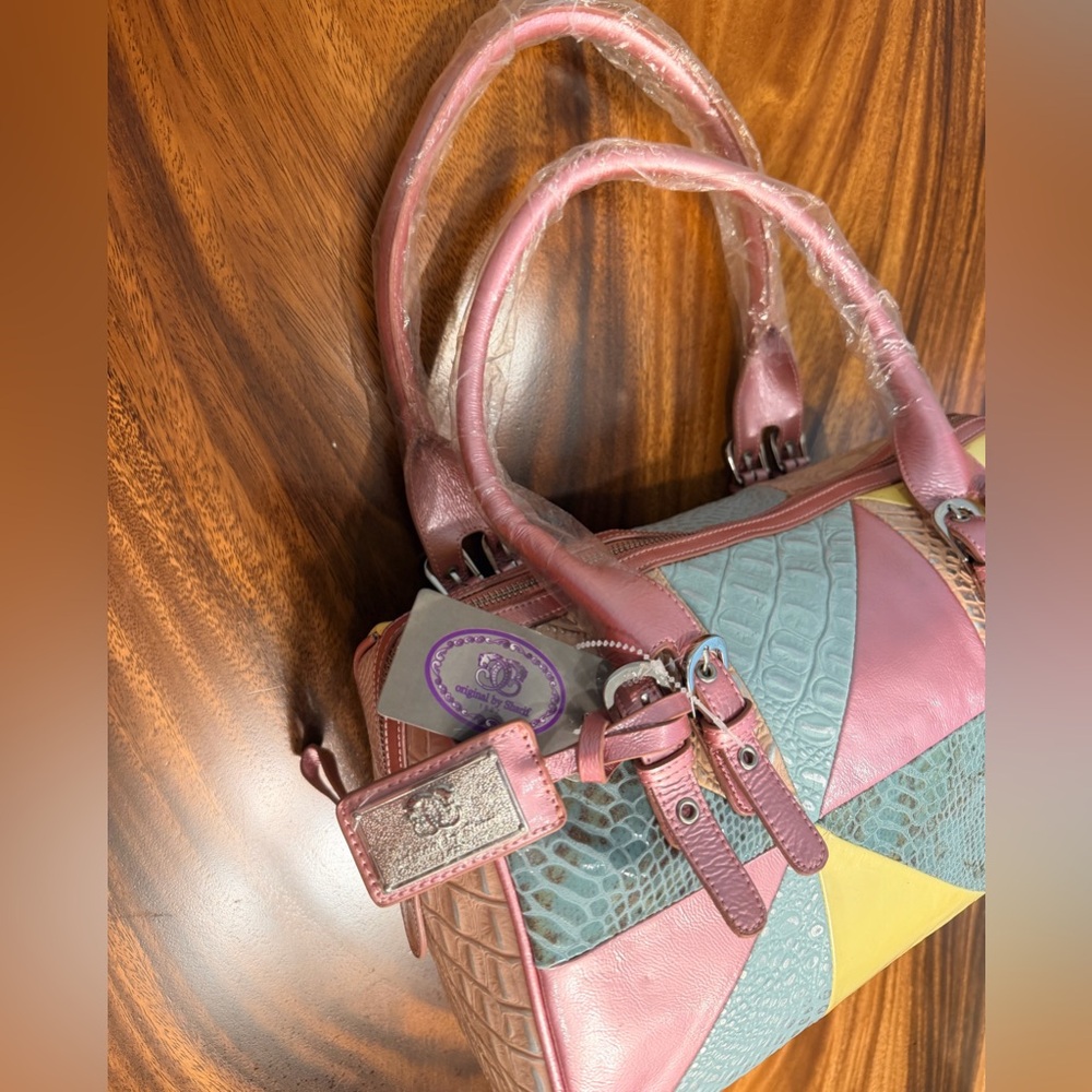 Sharif Multicolor Patchwork Leather Satchel - Coral, Yellow, Beige - Picture 15 of 16